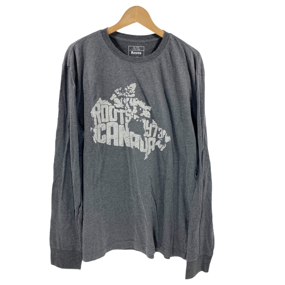 Roots Canada Long-Sleeve Tee Crew Neck Graphic T-Shirt Logo Map Grey Men’s XL